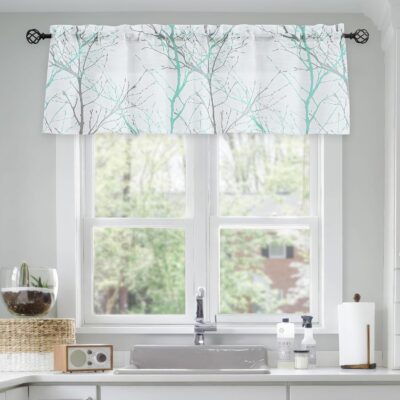 Chic Aqua-White Valance Curtain for Kitchen with Grey Branch Print