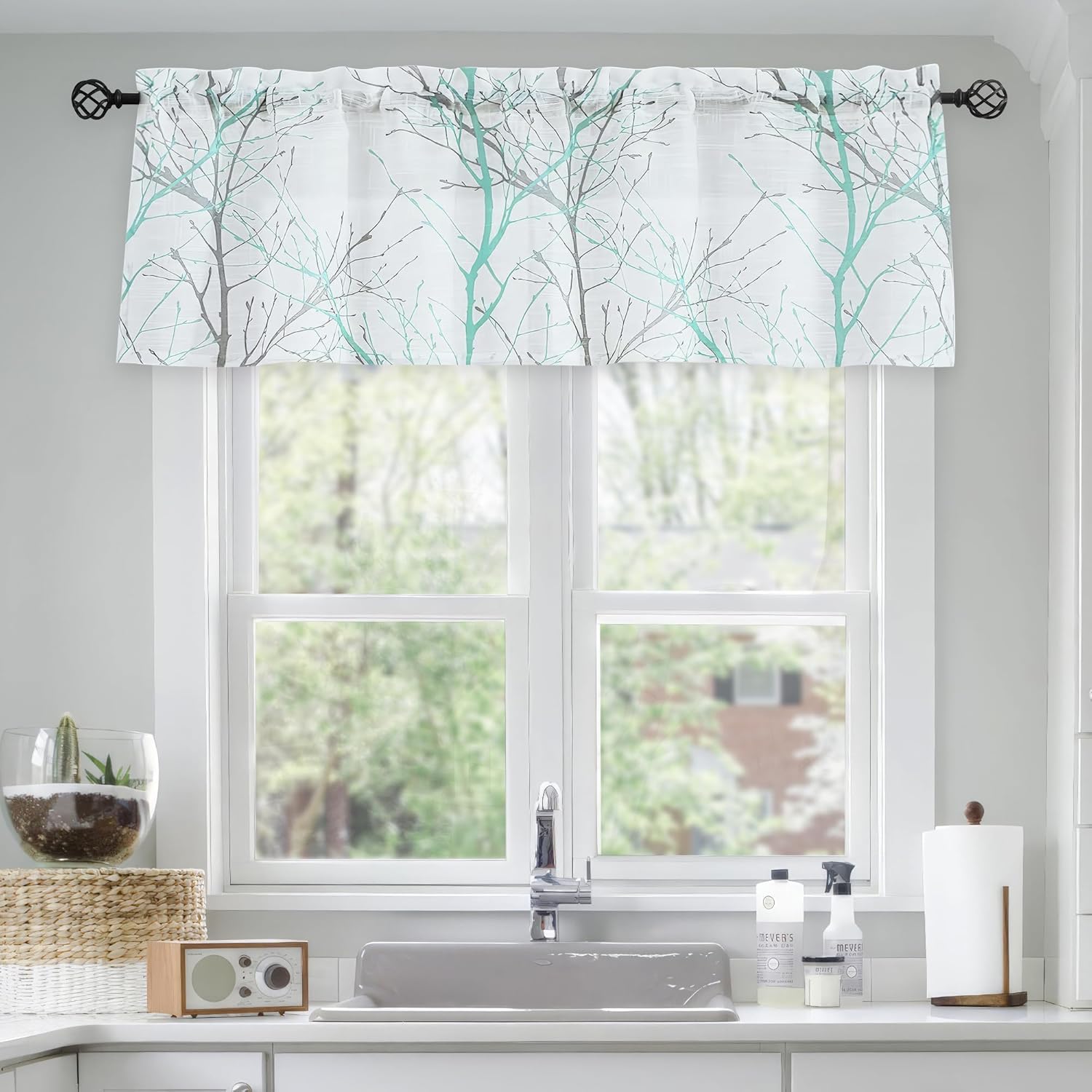 Chic Aqua-White Valance Curtains: Stylish Kitchen Decor with Grey Branch Print