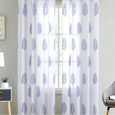 Cotton Linen Blue Leaf Sheer Curtain Set with Eyelet Rings for Windows