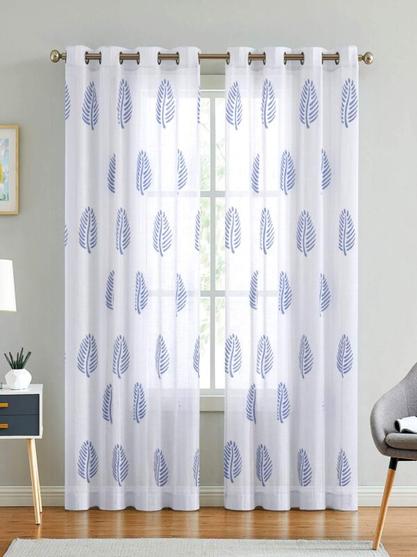 Cotton Linen Blue Leaf Sheer Curtain Set with Eyelet Rings for Windows