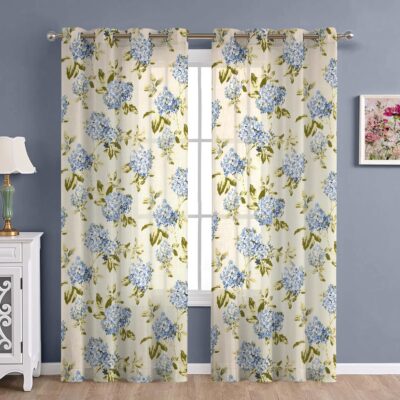 Cotton Linen Floral Sheer Curtains with Steel Eyelet Rings – Blue Set