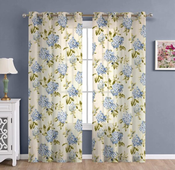 Cotton Linen Floral Sheer Curtains with Steel Eyelet Rings - Blue Set