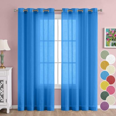 Cotton Linen Solid Door Curtain Set in Carolina Blue with Eyelet Rings