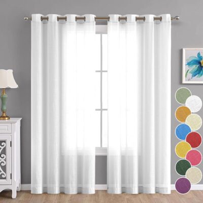 Cotton Linen Solid White Door Curtains with Steel Eyelet Rings – Set of 2