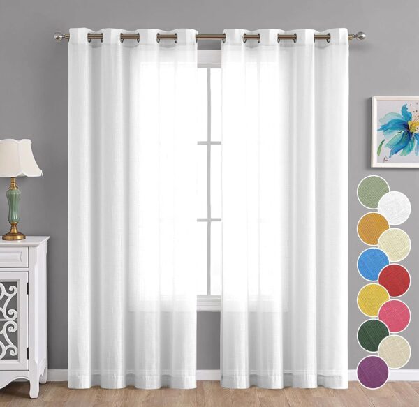 Cotton Linen Solid White Door Curtains with Steel Eyelet Rings - Set of 2