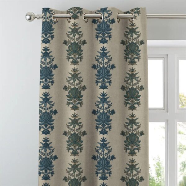 Desi Floral Ocean Blue Satin Curtains: Room Darkening Set of 2