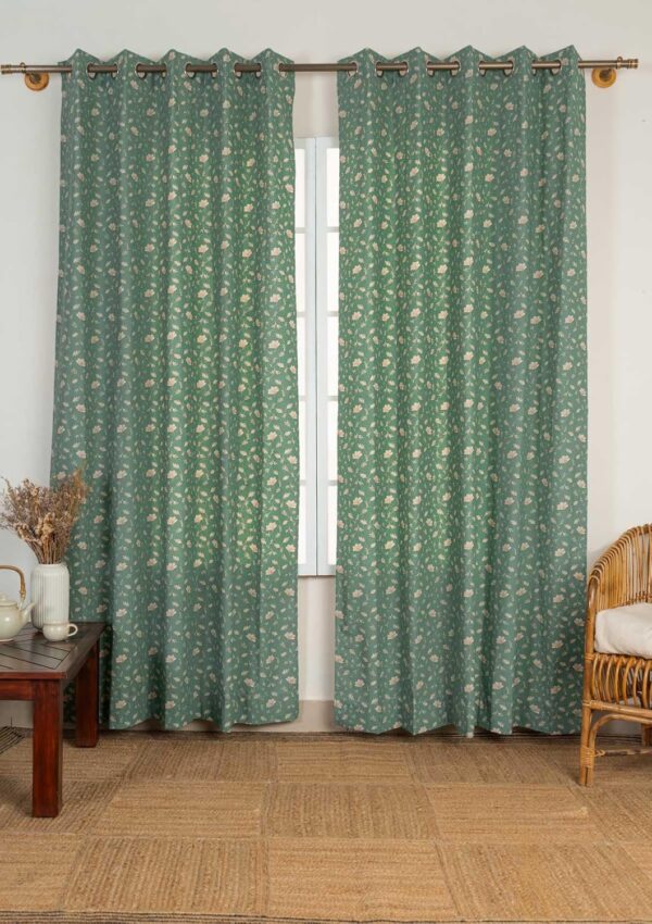 Eden Aqua Blue Floral Door Curtain - 100% Cotton for Darkening Rooms