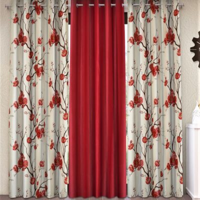 Elegant 3D Tulips Maroon Door Curtains – 7 Feet Polyester Set