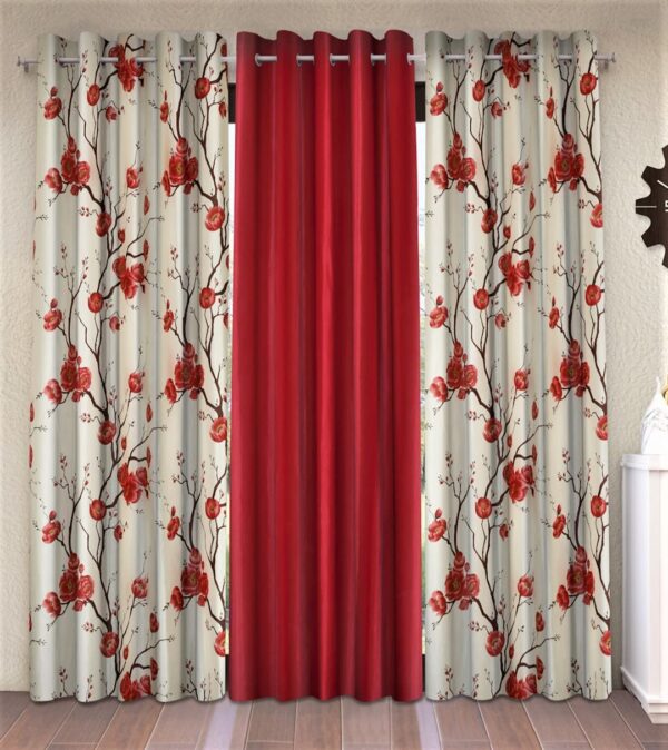 Elegant 3D Tulips Maroon Door Curtains - 7 Feet Polyester Set