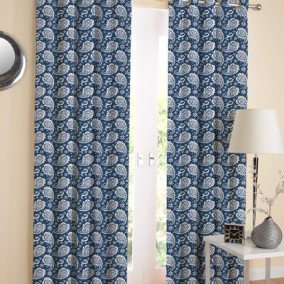 Elegant Airwill Blue Paisley Cotton Door Curtains – 4x9ft Pack of 2