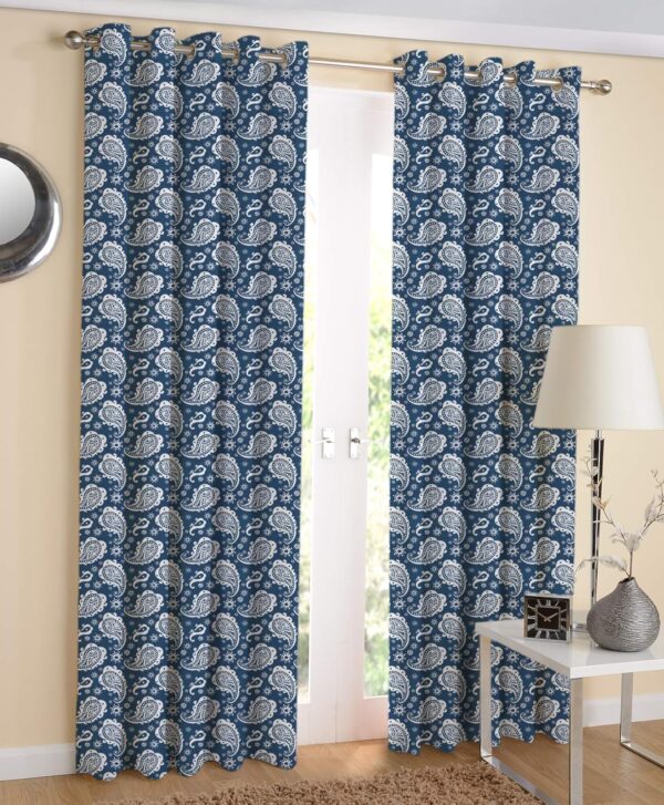 Elegant Airwill Blue Paisley Cotton Door Curtains - 4x9ft Pack of 2