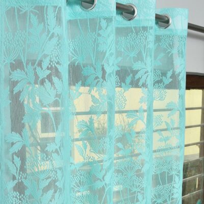 Elegant Aqua Flower Curtains for Doors – 7 Feet Semi-Sheer, Pack of 2