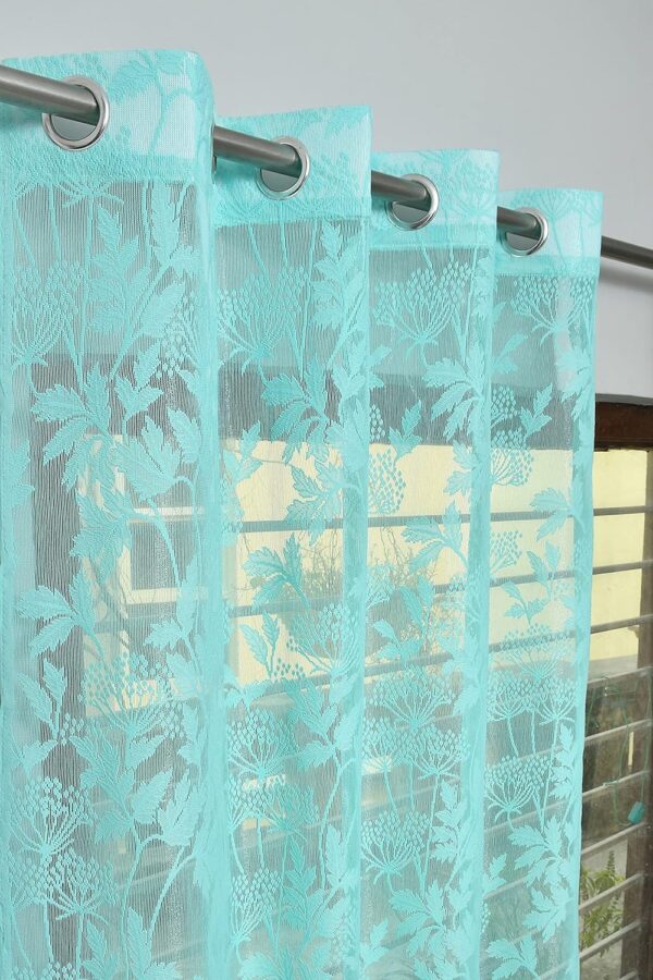 Elegant Aqua Flower Curtains for Doors - 7 Feet Semi-Sheer, Pack of 2