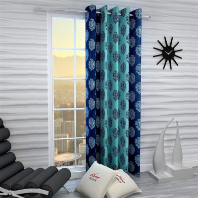 Elegant Blue Flower Damask Eyelet Polyester Door Curtain – 7 Feet Long