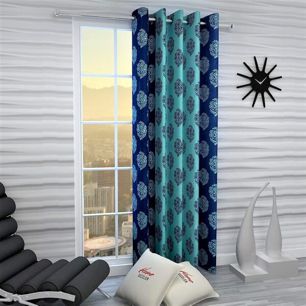 Elegant Blue Flower Damask Eyelet Polyester Door Curtain - 7 Feet Long