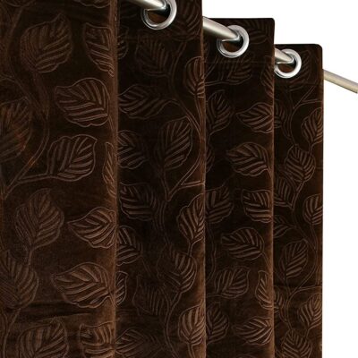 Elegant Coffee Velvet Leaves Curtains Set for Living Room and Bedroom