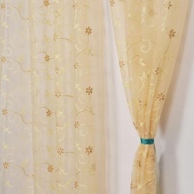 Elegant Cream Floral Embroidery Sheer Curtains for Doors, Set of 2