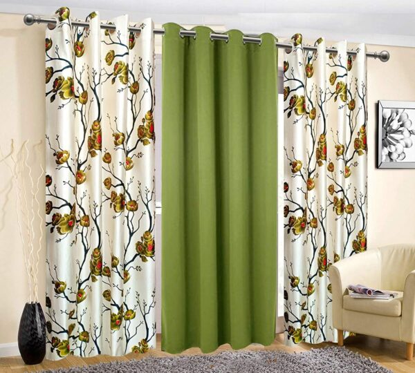 Elegant Green Floral Curtains for Room Darkening - Pack of 3