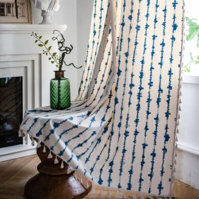 Elegant HUESLAND 7ft Cotton Curtains with Bohemian Blue Stripes for Doors