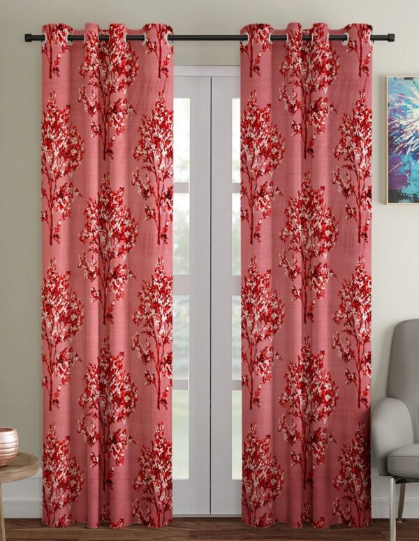 Elegant Maroon Floral Eyelet Door Curtains - 7 Feet Polyester Set