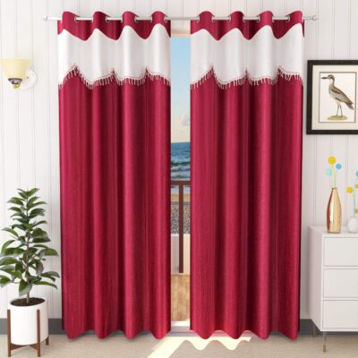 Elegant Maroon Polyester Eyelet Door Curtains with Cream Frill – 7 Feet, Pack of 2