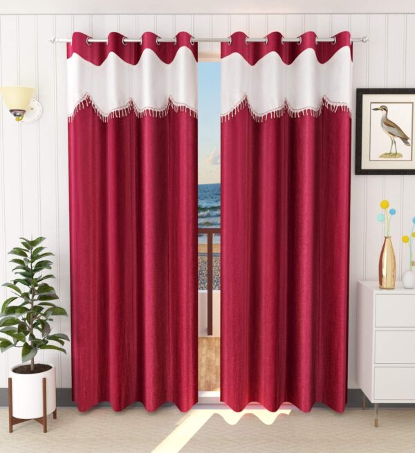 Elegant Maroon Polyester Eyelet Door Curtains with Cream Frill - 7 Feet, Pack of 2