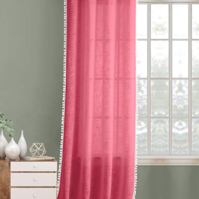 Elegant Pink Linen Textured Sheer Curtain for Long Doors with Pom Pom Trim