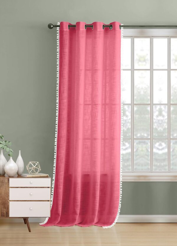 Elegant Pink Linen Textured Sheer Curtain for Long Doors with Pom Pom Trim