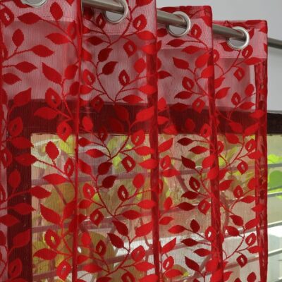 Elegant Red Leaf Sheer Polyester Curtains for Doors – 5 Feet Long