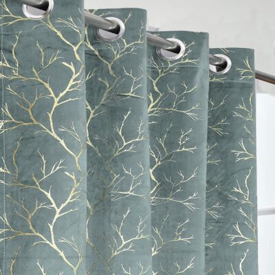 Elegant Semi-Sheer Velvet Curtains with Foil Leaf Print for Long Doors