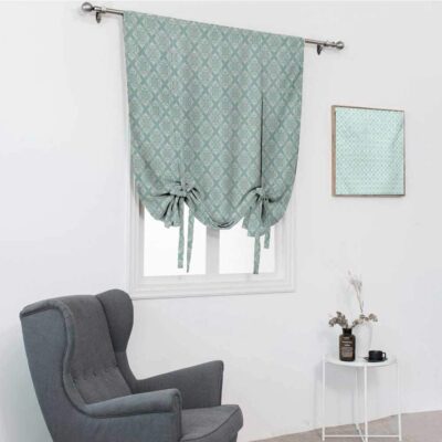 Elegant Teal and White Roman Shades with Floral Balloon Valance for Windows