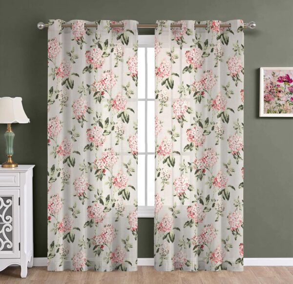 Floral Heaven Green Cotton Linen Sheer Curtain Set with Eyelet Rings