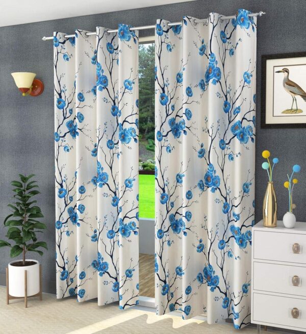 Floral Printed Aqua Curtains for 9 Feet Long Doors - Pack of 2