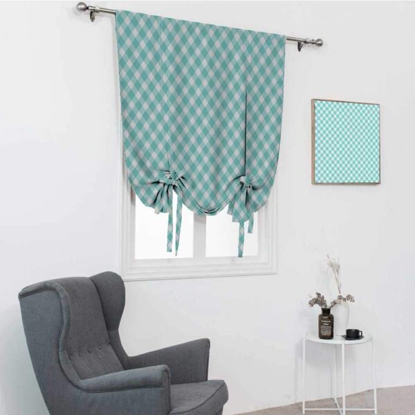 GugeABC Aqua Roman Shades: Retro Gingham Tie-Up for Spring and Summer Decor