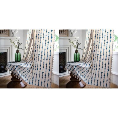 HUESLAND Cotton Curtains: Bohemian Blue Stripes for Stylish Door Decor