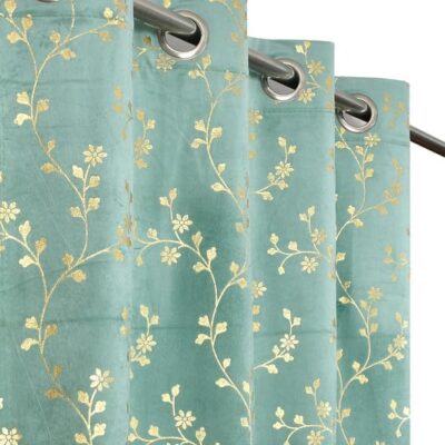 Luxury Aqua Floral Velvet Curtains for Room Darkening – 9 Feet, Pack of 2