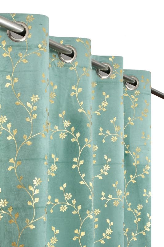 Transform Your Space with Luxurious Aqua Floral Velvet Curtains – 9 Feet