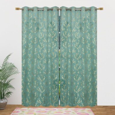 Luxury Aqua Island Floral Velvet Curtains – Room Darkening, 5 Feet, Pack of 2