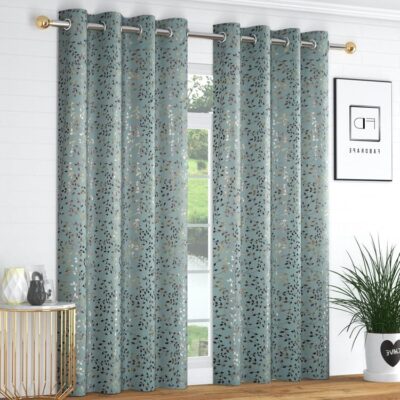 Luxury Island Aqua Blackout Curtains with Shining Foil Print – 4×5 Feet