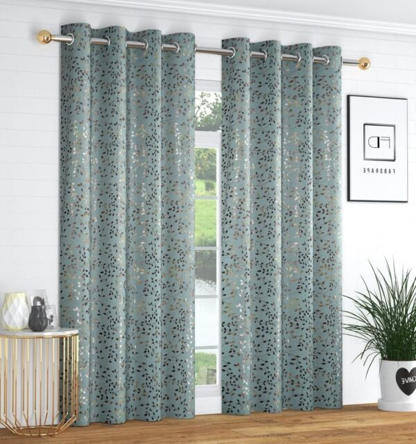 Luxury Island Aqua Blackout Curtains with Shining Foil Print - 4x5 Feet