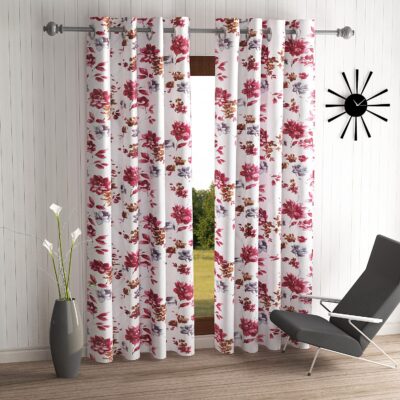 Maroon Eyelet Polyester Door Curtains – 2 Piece Windflower Design for Home Decor