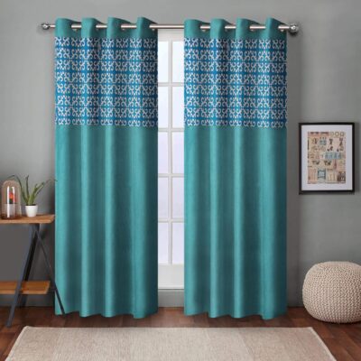 Modern Blue Polyester Curtains for Doors – 7 Feet, Pack of 2