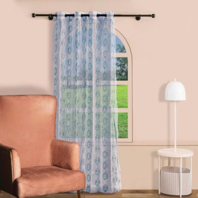 Premium Linen Embroidered Curtains with Geometric Green Pattern for Elegant Windows