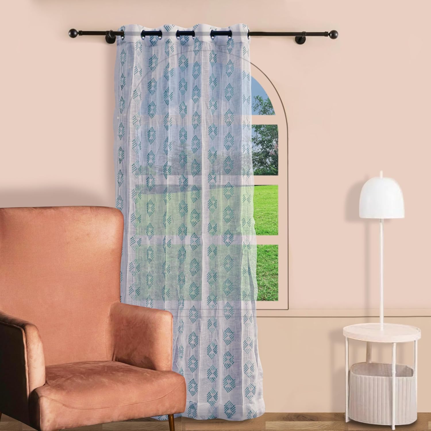 Elegant Premium Linen Embroidered Curtains with Geometric Green Pattern Review