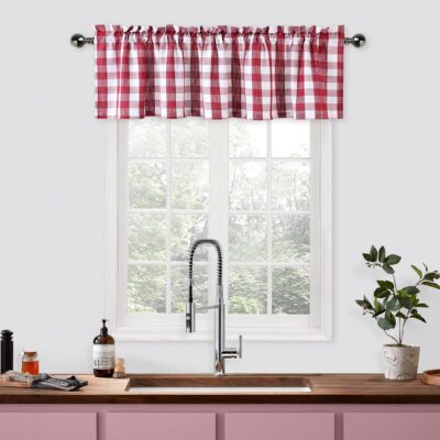 Red and White Buffalo Check Valances for Stylish Kitchen and Bathroom Decor