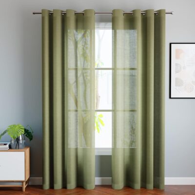 Sage Green Cotton Linen Sheer Curtains with Eyelet Rings for Doors