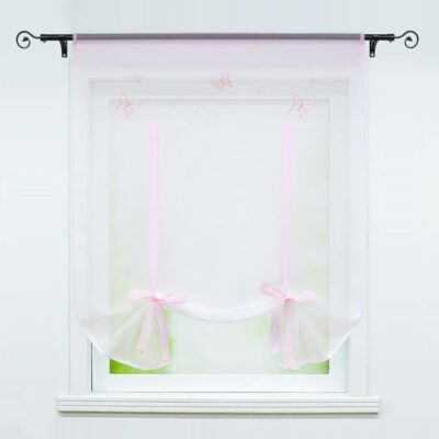 Sheer Pink Tie Up Curtain for Small Kitchen Windows and Roman Shades