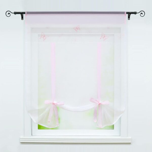 Sheer Pink Tie Up Curtain for Small Kitchen Windows and Roman Shades