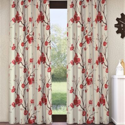 Stylish 3D Tulips Eyelet Door Curtains in Red – 7 Feet Length