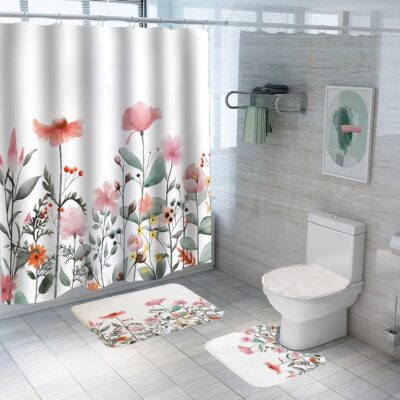 Stylish 7 Feet Shower Curtain with Anti-Slip Bath Mats for Modern Bathrooms